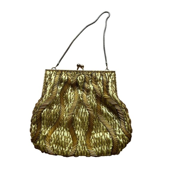 Handbags - Vintage Gold Beaded Satin Evening Clutch Bag With Chain Strap Kiss Lock Closure